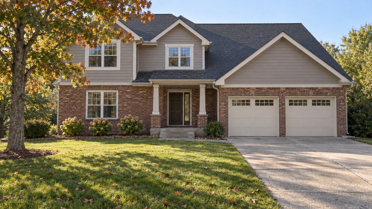 Gabled brick and gray-sided home beyond a deep lawn, with an attached garage and a mature oak in early autumn light.
