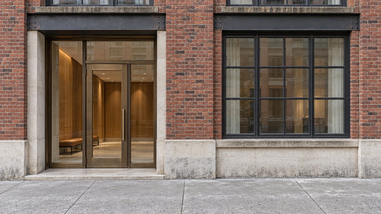 Red-brick condominium entrance with bronze-framed glass, a pale limestone base and a warm oak-lined lobby beyond.
