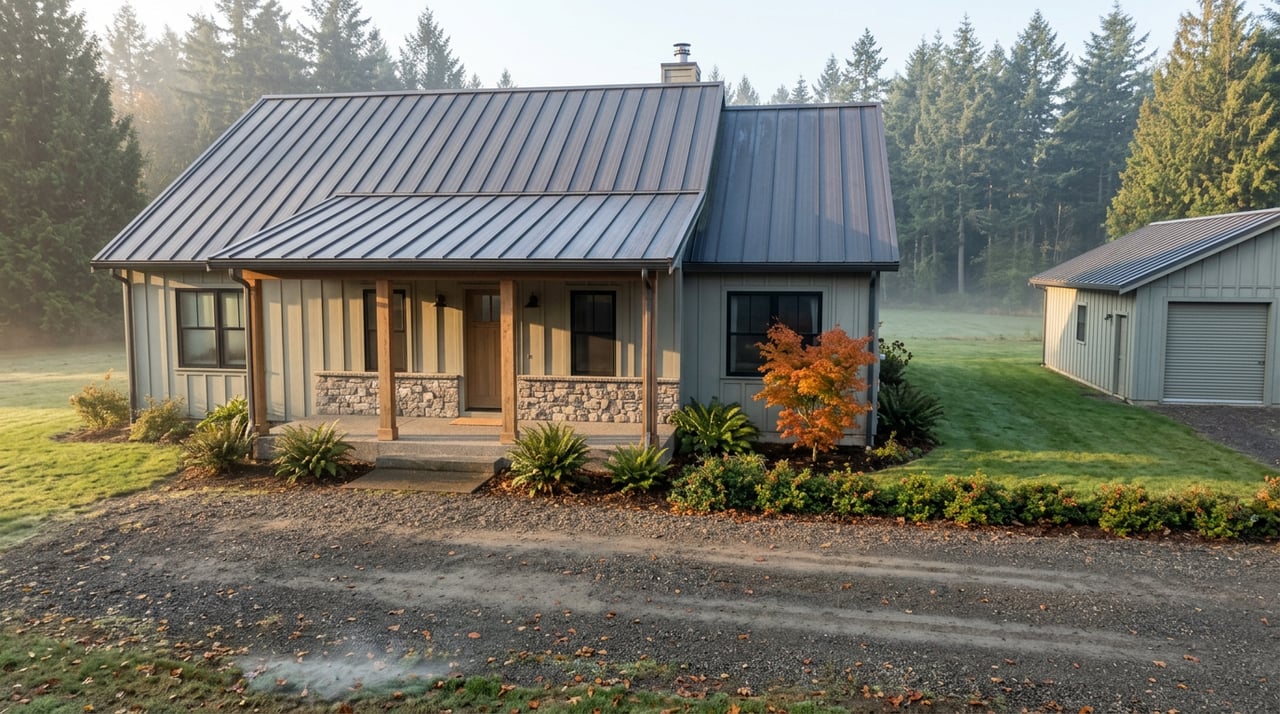 Sage farmhouse and detached outbuilding beyond a gravel drive, with autumn leaves and misty lawn.