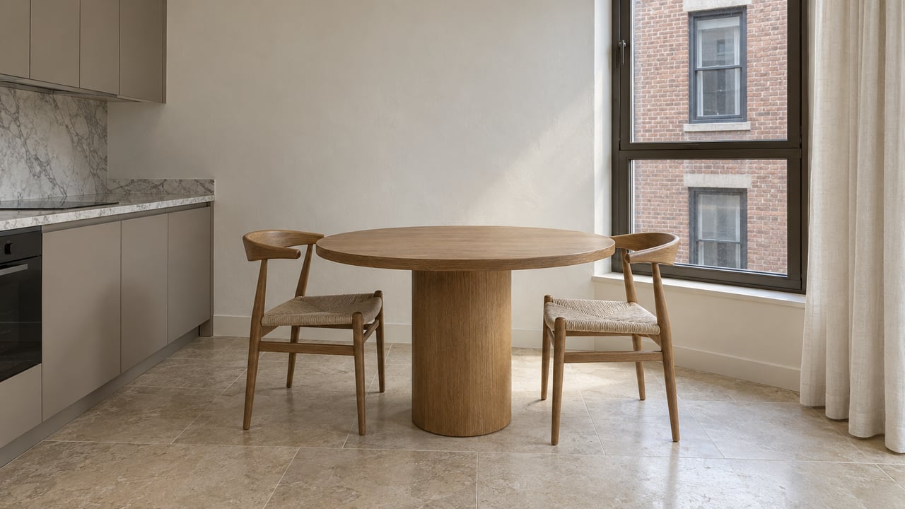 Sunlit apartment dining alcove with a round oak table, two upholstered oak chairs, limestone flooring and a taupe kitchen beside a tall window.