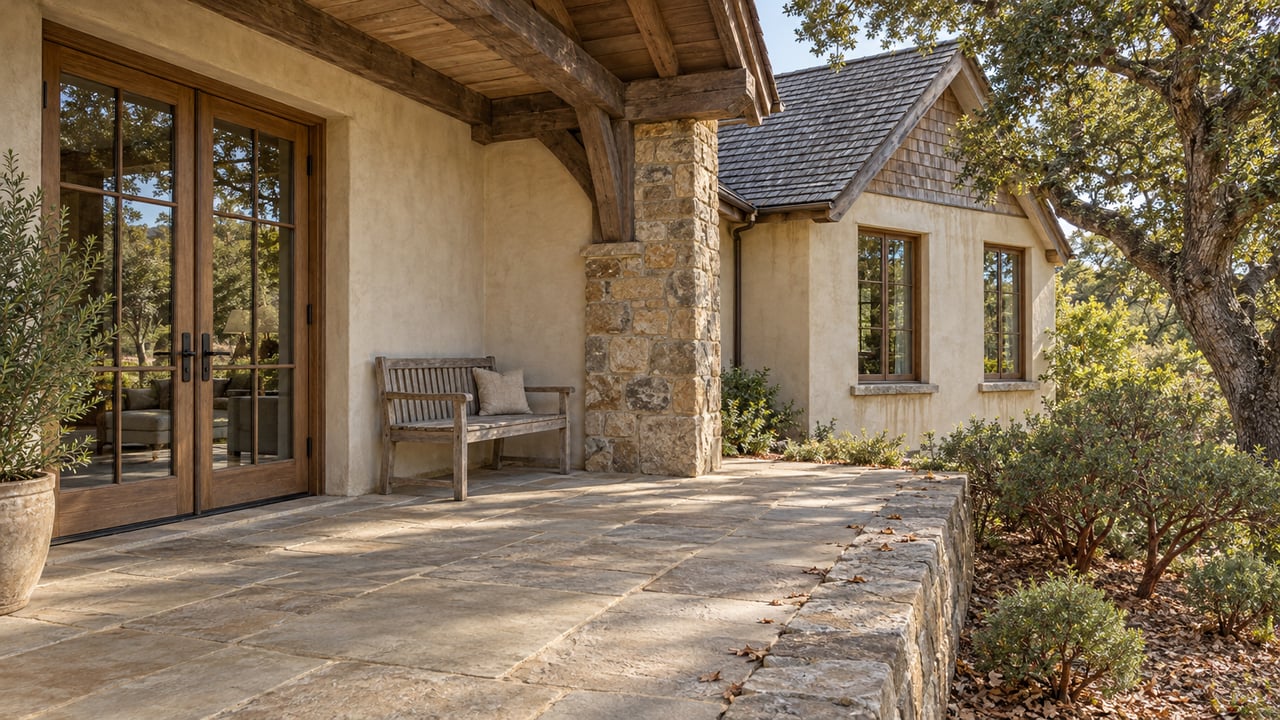 Stone-paved terrace beside a plaster and rough-stone home, with glazed wood doors, a shingled gable and an established oak garden.