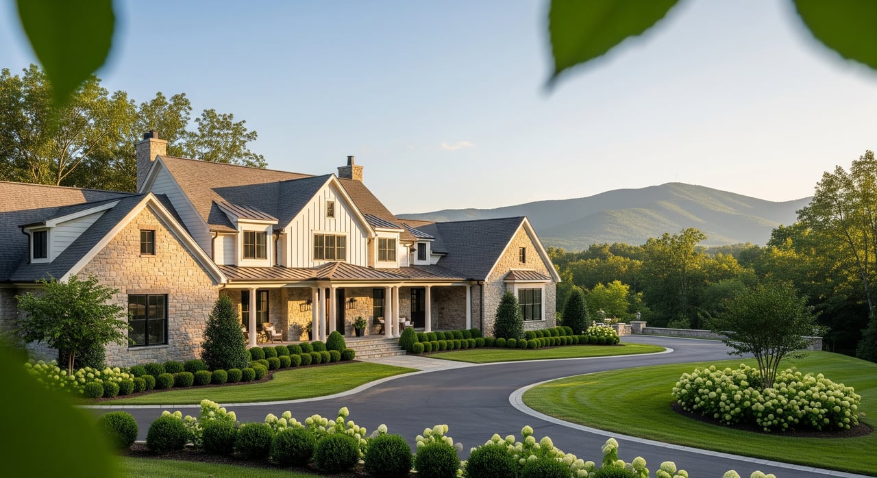Large stone-and-shingle house beside a curving driveway, framed by shrubs and distant green mountains.