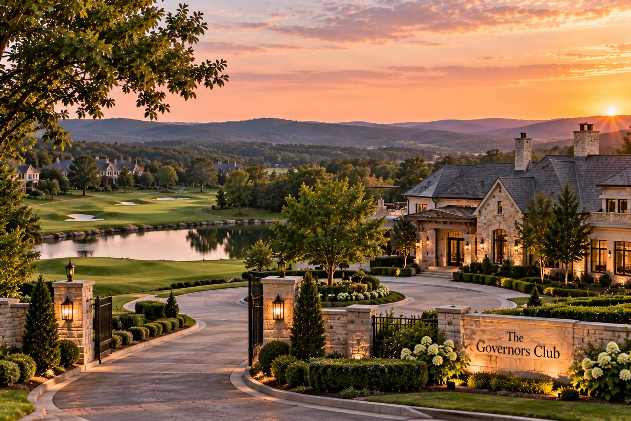 Luxury golf community in The Governors Club in Brentwood, Tennessee, featuring an elegant gated entrance, upscale clubhouse, manicured golf course, scenic water views, and beautiful estate homes.
