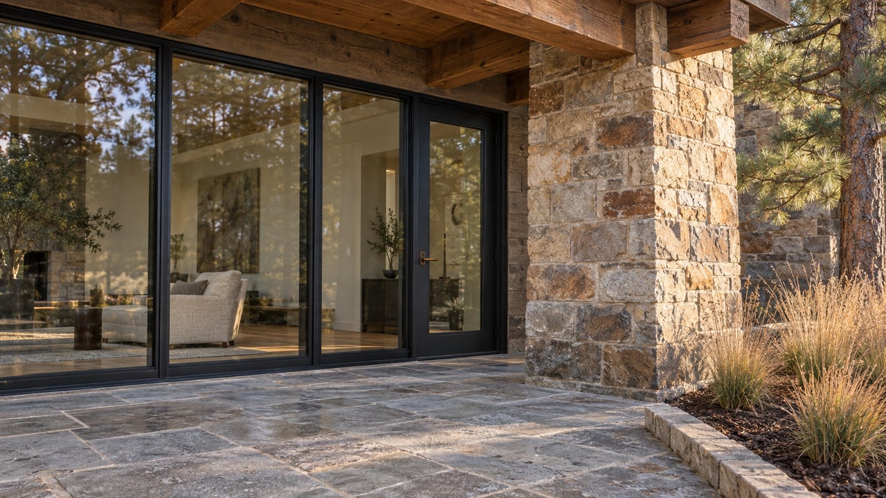 Morning light on a stone-and-timber covered patio, black-framed glass doors and tawny blue grama beside a ponderosa pine.
