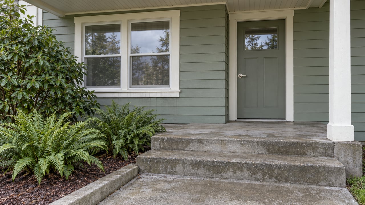 Sage-painted cottage entrance with weathered concrete steps, a paired window, sword ferns and a leafy rhododendron.