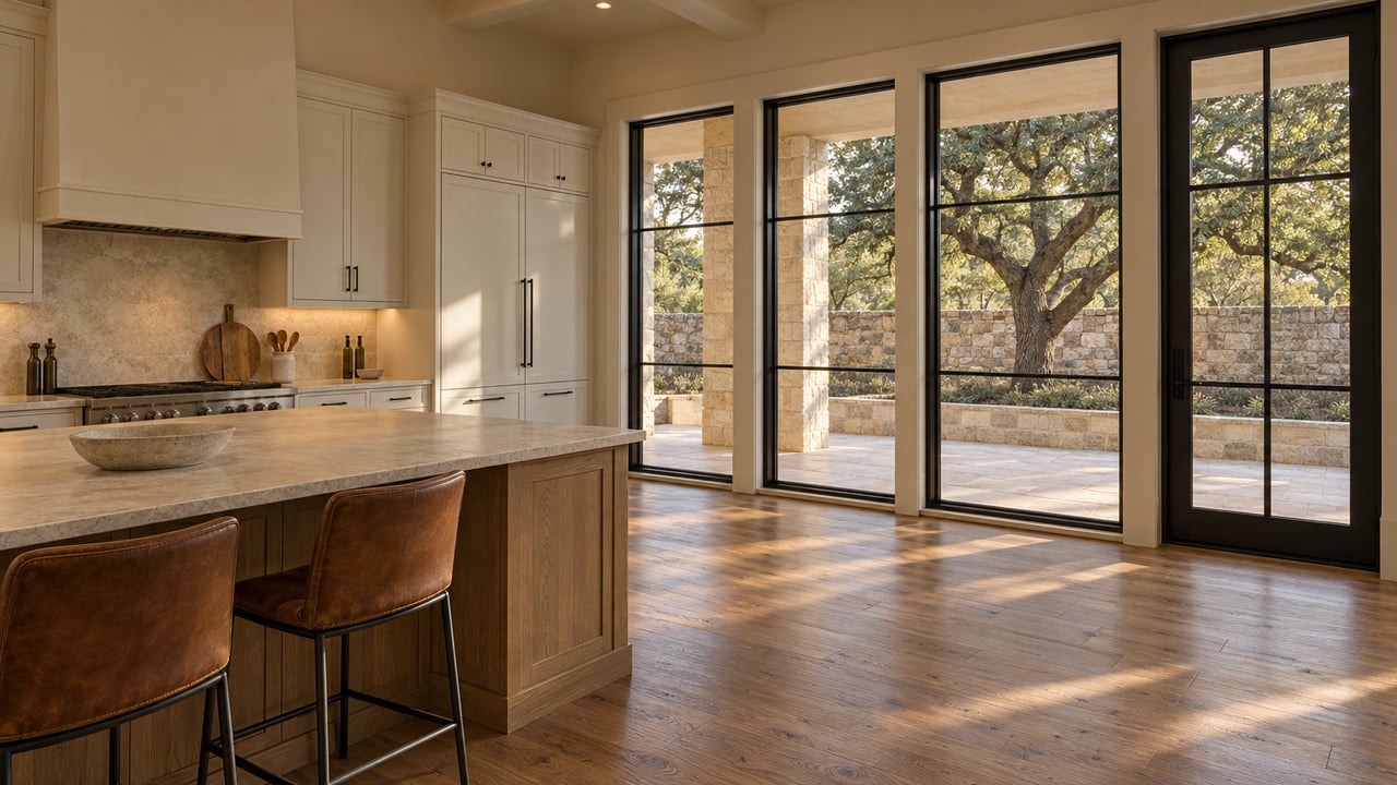 Sunlit great room with an oak kitchen island, cream cabinetry, limestone counters and closed glass doors overlooking a stone patio and mature live oak.