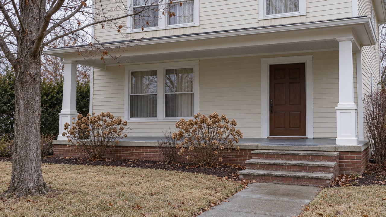 Cream clapboard home with a covered porch, brick steps and a damp concrete path crossing a dormant late-autumn lawn.