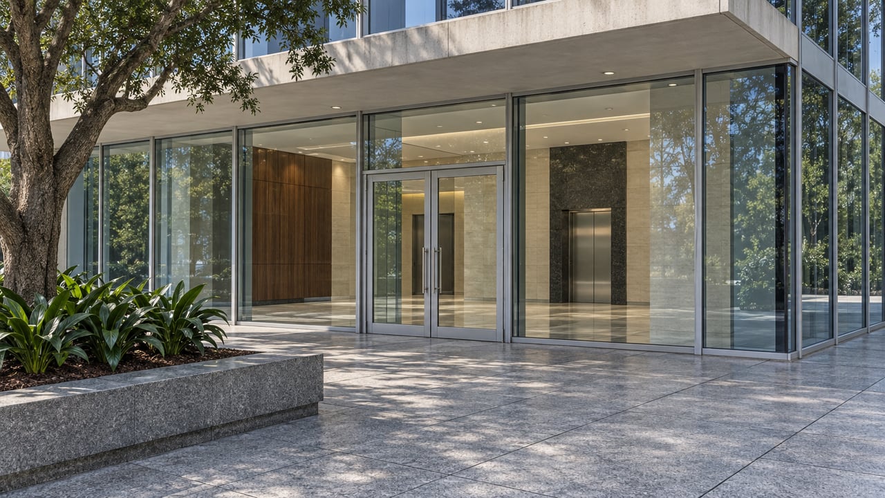 Glass-and-aluminum office entrance beneath a concrete canopy, with granite paving and a raised bed containing a mature live oak.