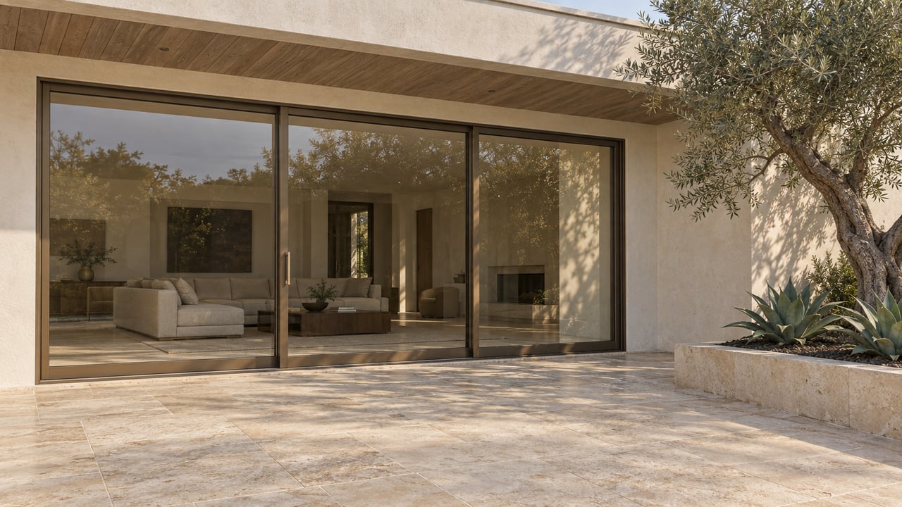 Ivory stucco home with bronze-framed glass doors, a limestone terrace and a raised bed containing an olive tree and two agaves.