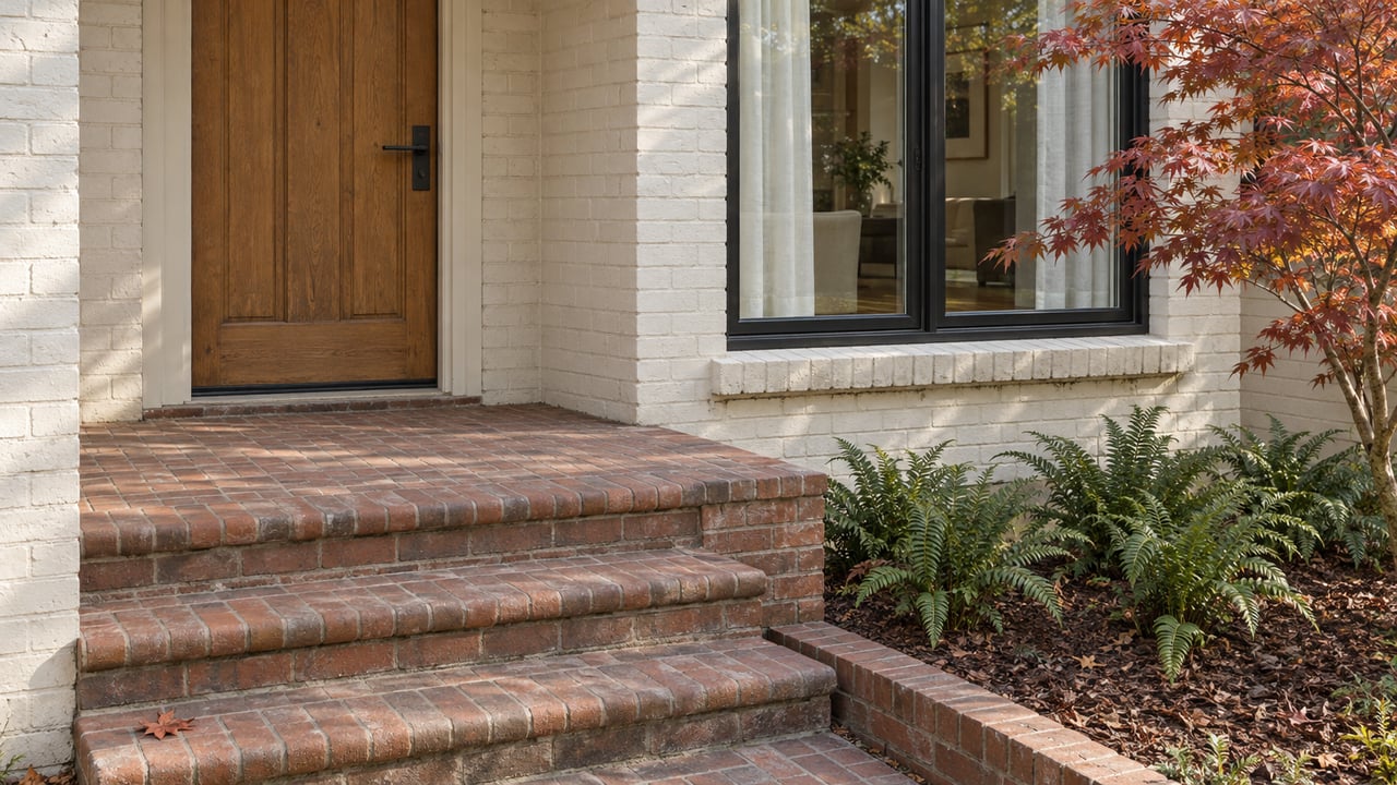 Ivory painted-brick home with an oak front door, red-brown brick steps and rust-red maple leaves beside a black-framed window.