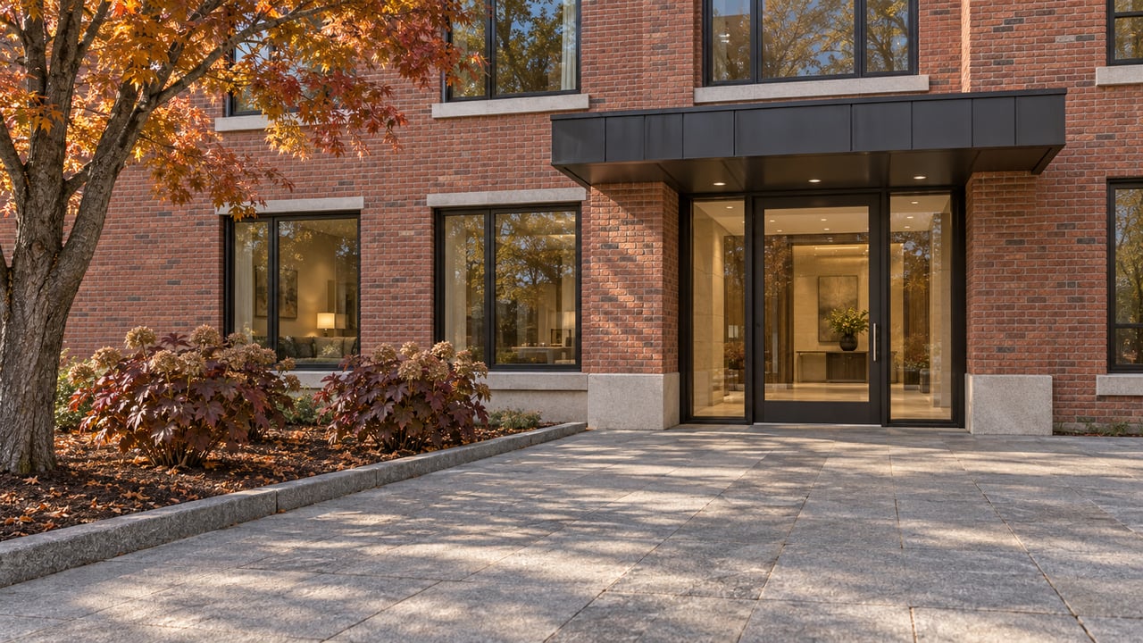 Warm afternoon light across a granite approach to a brick condominium entrance, with bronze-framed windows and autumn maple foliage.