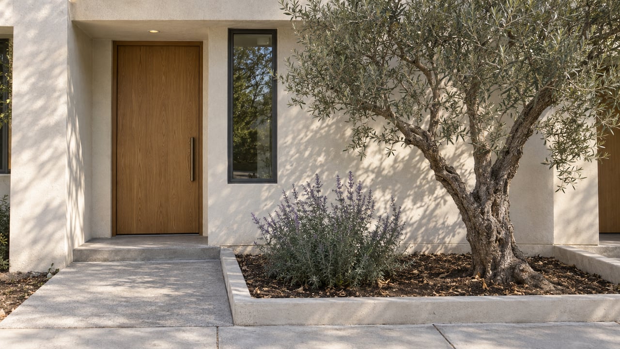 Townhouse entry with a recessed oak door, narrow window, olive tree, and concrete path bordered by sage plants.