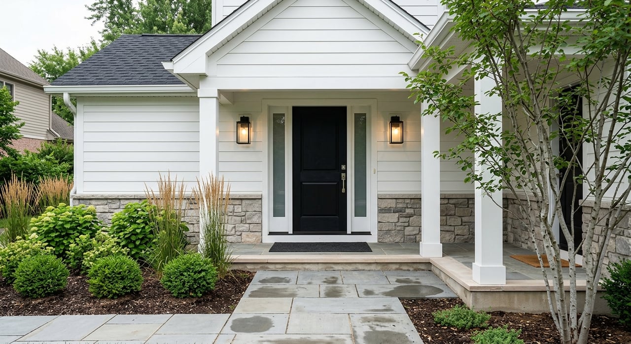 White-sided home entry with stone portico, black lanterns, glass sidelights, and a bluestone walkway.