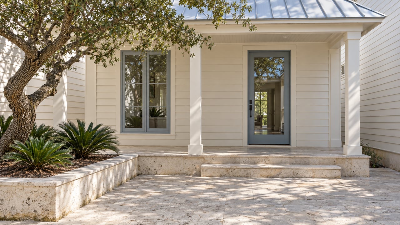Ivory cottage entry with blue-gray glazed door, limestone courtyard steps, and a sculptural sand live oak in a raised planting bed.