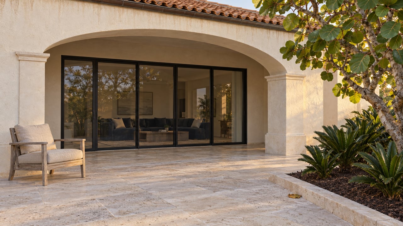 Evening sunlight grazes a cream stucco loggia, terracotta roof and limestone terrace beside a sculptural sea-grape tree.