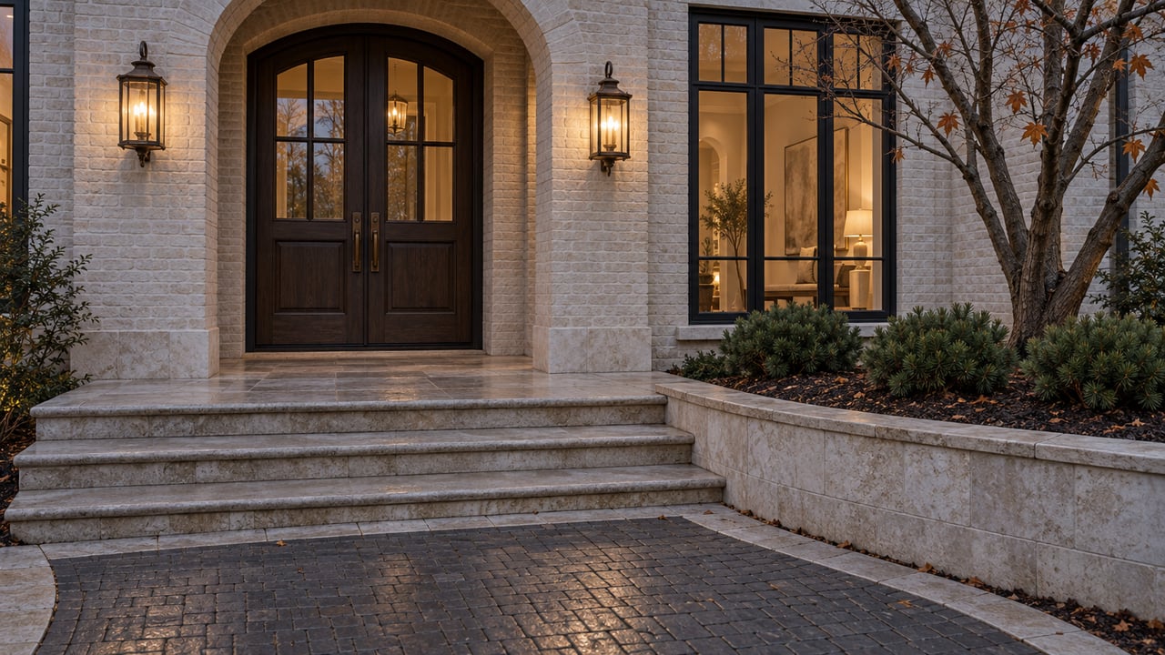 Ivory brick home with arched oak double doors, bronze lanterns, limestone steps and a mature maple in cool early-morning light.
