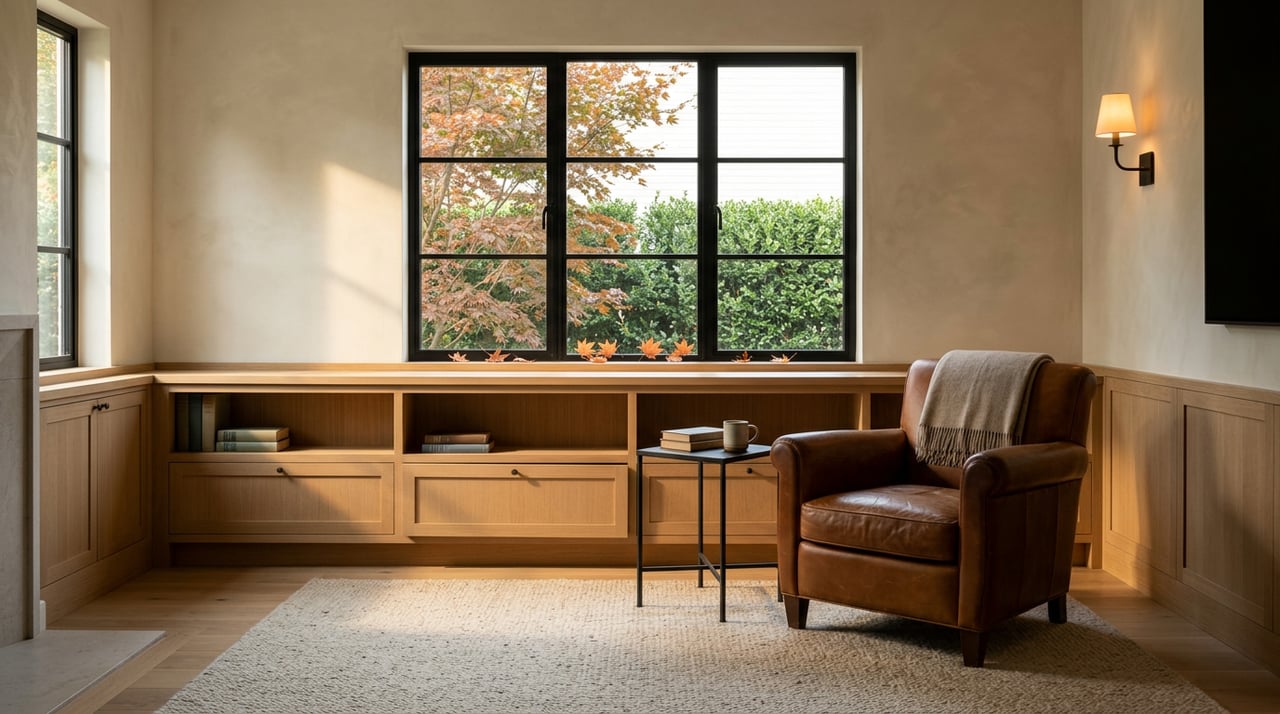 Study with white oak bookcase, black steel window, cognac chair, and rust-colored leaves outside.