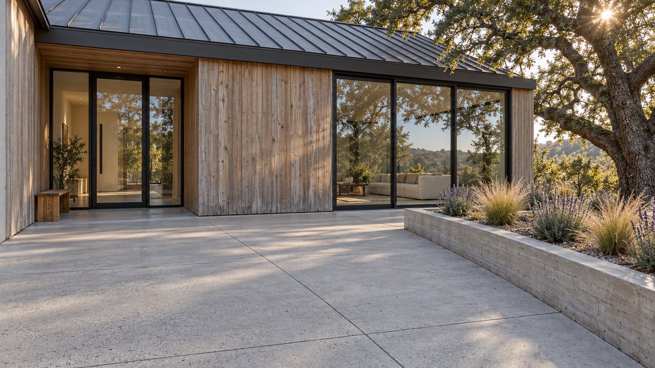 Low cedar-and-glass home with a generous concrete entry terrace, a mature oak and a raised drought-tolerant planting bed.