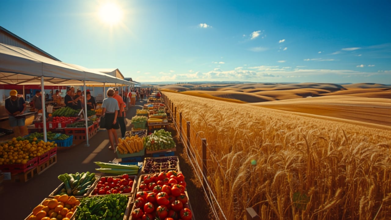 Farmers market stands beside a golden wheat field beneath a sunny sky.