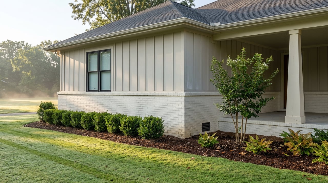 Suburban home corner with painted brick foundation, black-trimmed window, porch column, and fern-lined garden bed.