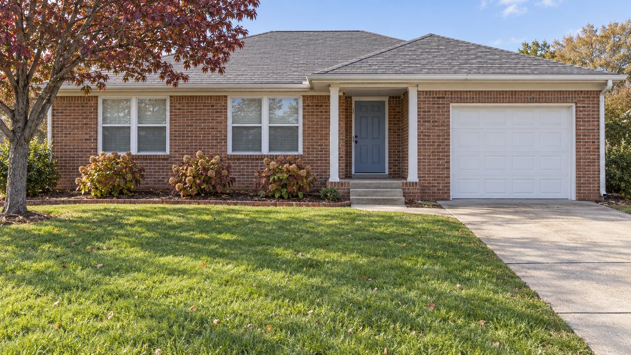Brick ranch home with a deep green front lawn, covered entry, attached garage and autumn dogwood.