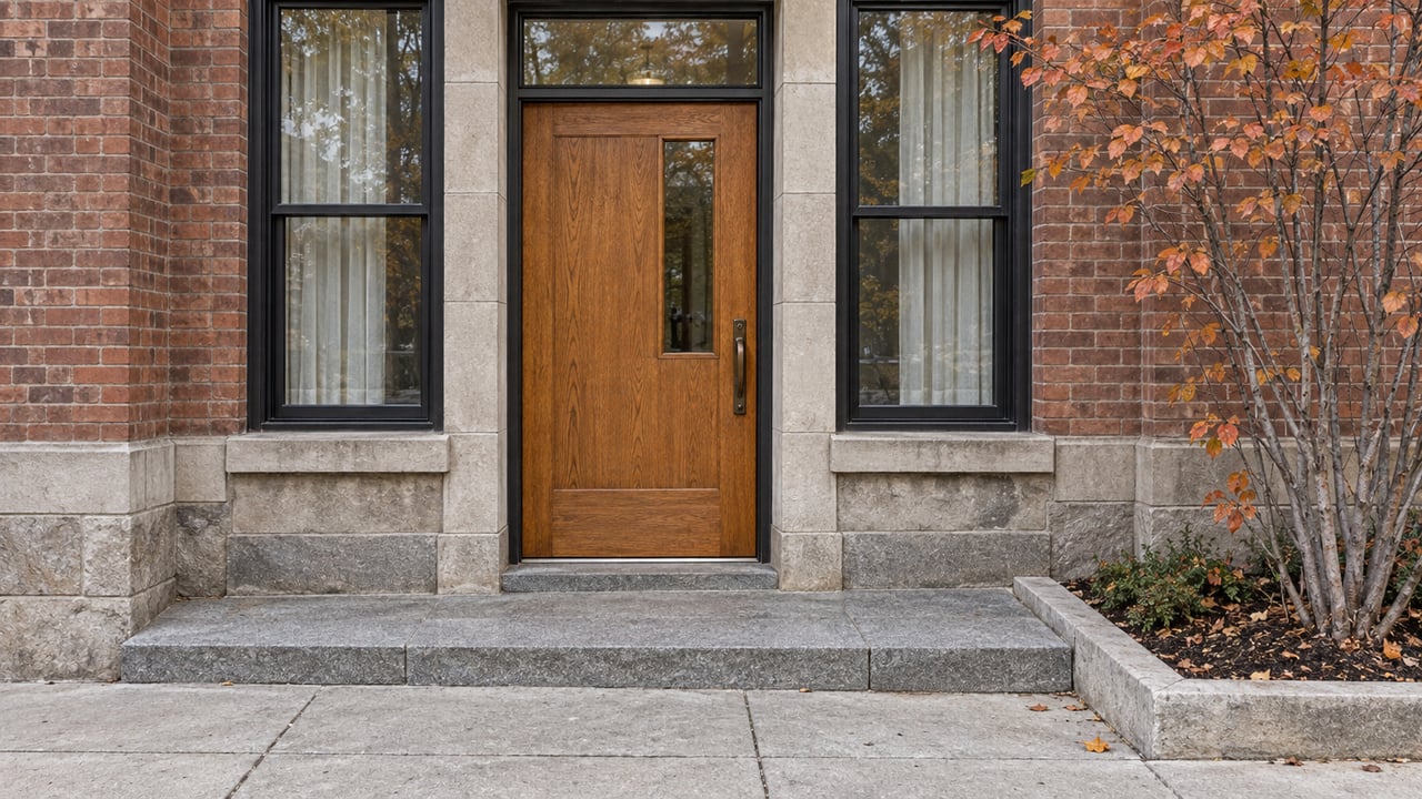 Oak condominium entrance framed by weathered brick and limestone, with black-framed windows and copper-orange serviceberry leaves.