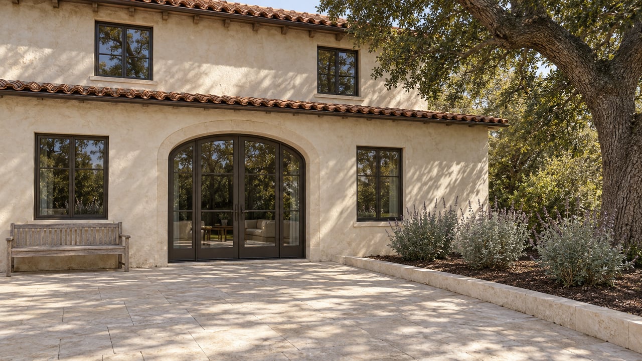 Limestone garden terrace beside an ivory stucco home with clay roof tiles, closed arched glass doors, a teak bench and a mature oak.