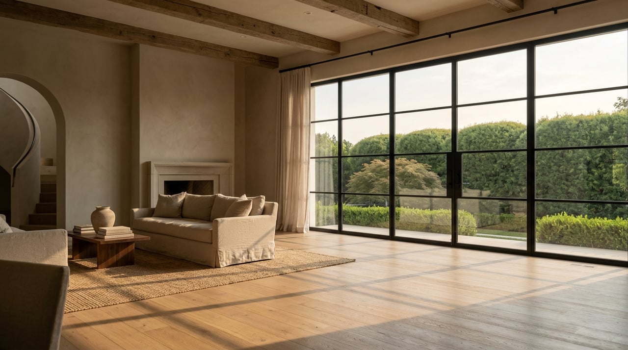 Spacious great room with an oatmeal sofa, curved plaster arch, sculptural staircase, and sunlit floor-to-ceiling windows.
