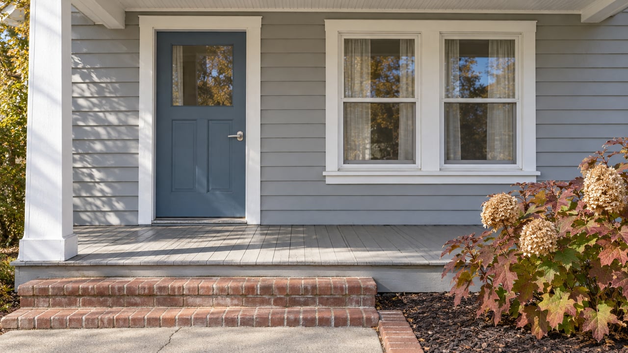 Sunlit bungalow porch with a faded blue door, paired white windows, worn gray decking, brick steps, and bronze autumn hydrangea leaves.