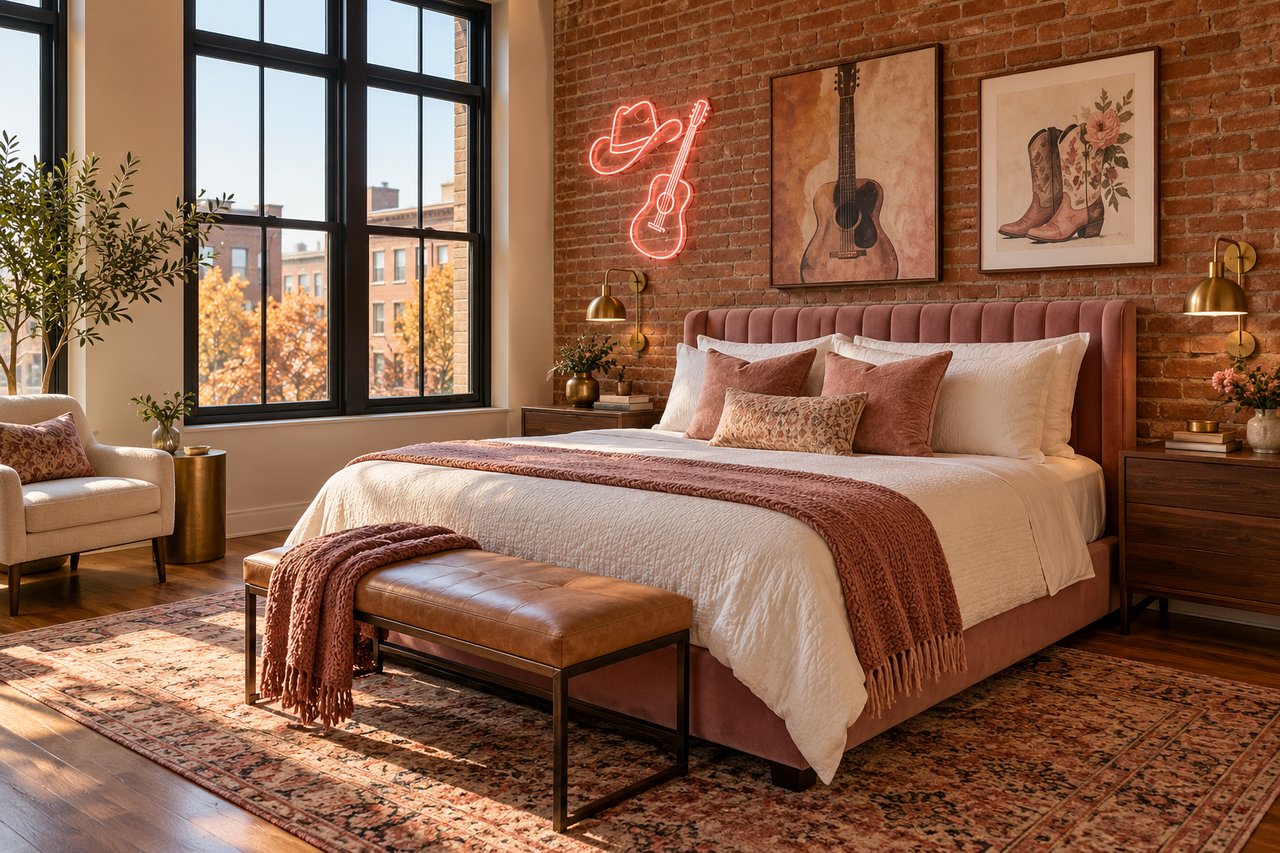 Illustrative Nashville-style rental bedroom with a rose headboard, ivory linens, brick wall and glowing cowboy-hat and guitar neon.