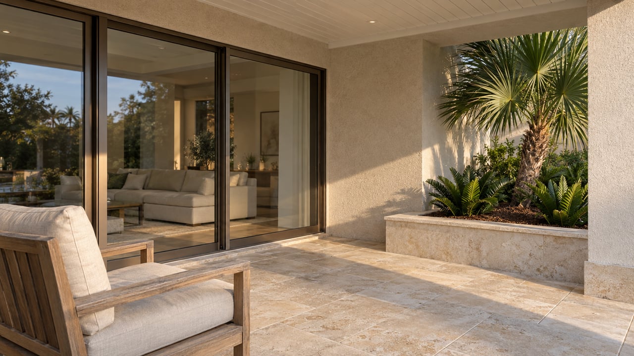 Covered terrace with limestone paving, bronze-framed glass doors, a weathered teak chair, and a raised bed of specimen palms and coontie.