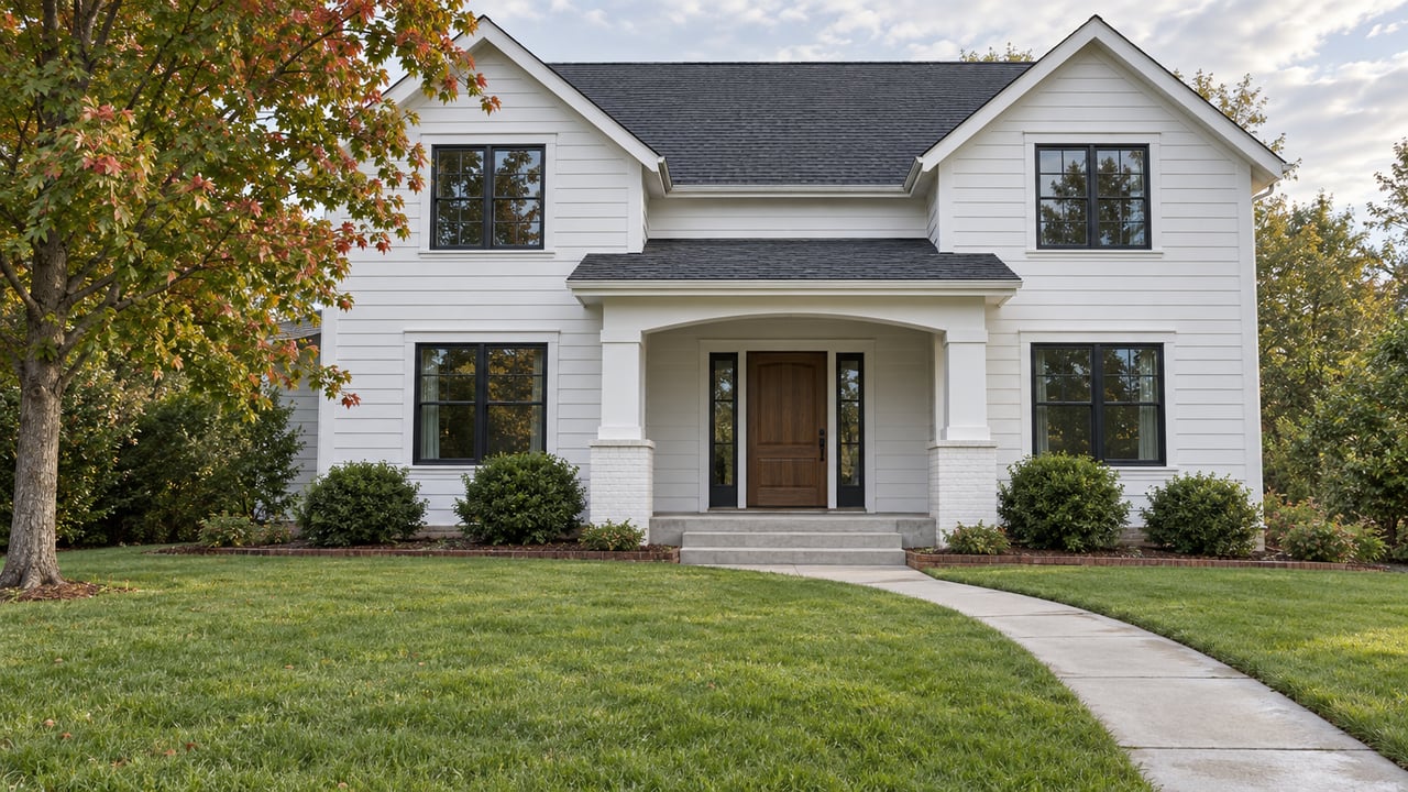 White two-story house with a covered entry, dark-framed windows, and a curved front walkway.