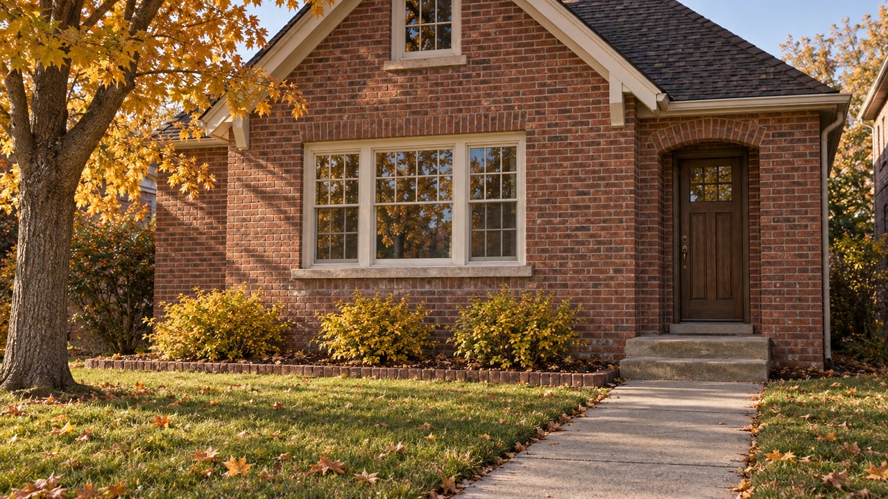 Autumn sunlight on a red-brick cottage with cream multi-pane windows, an oak front door, and a maple beside the front walk.