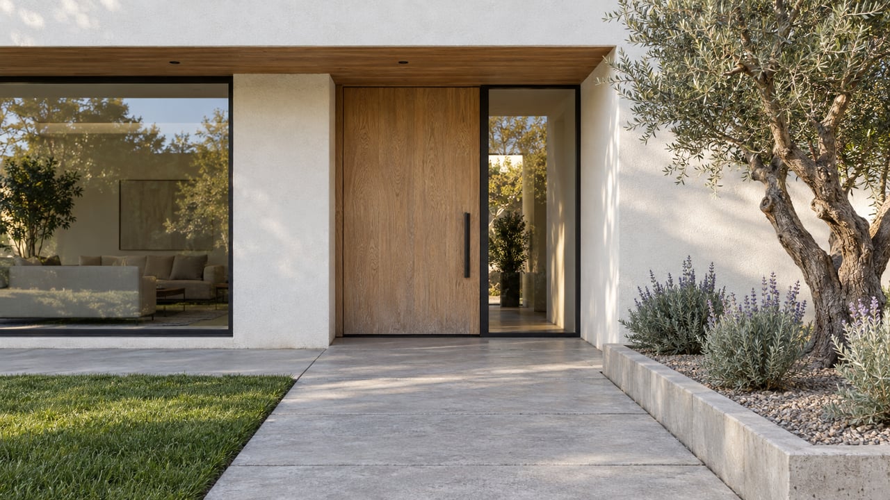 Sunlit white stucco home entry with an oak door, cedar soffit, black-framed glass, and an olive tree in a raised concrete planter.