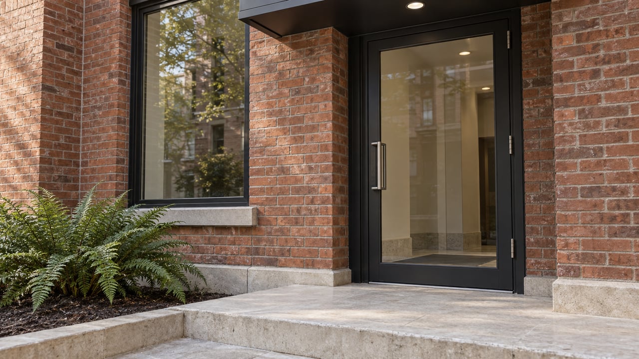 Warm red brick residential entrance with black-framed glass, pale limestone steps and a fern in a raised-edge planting bed.