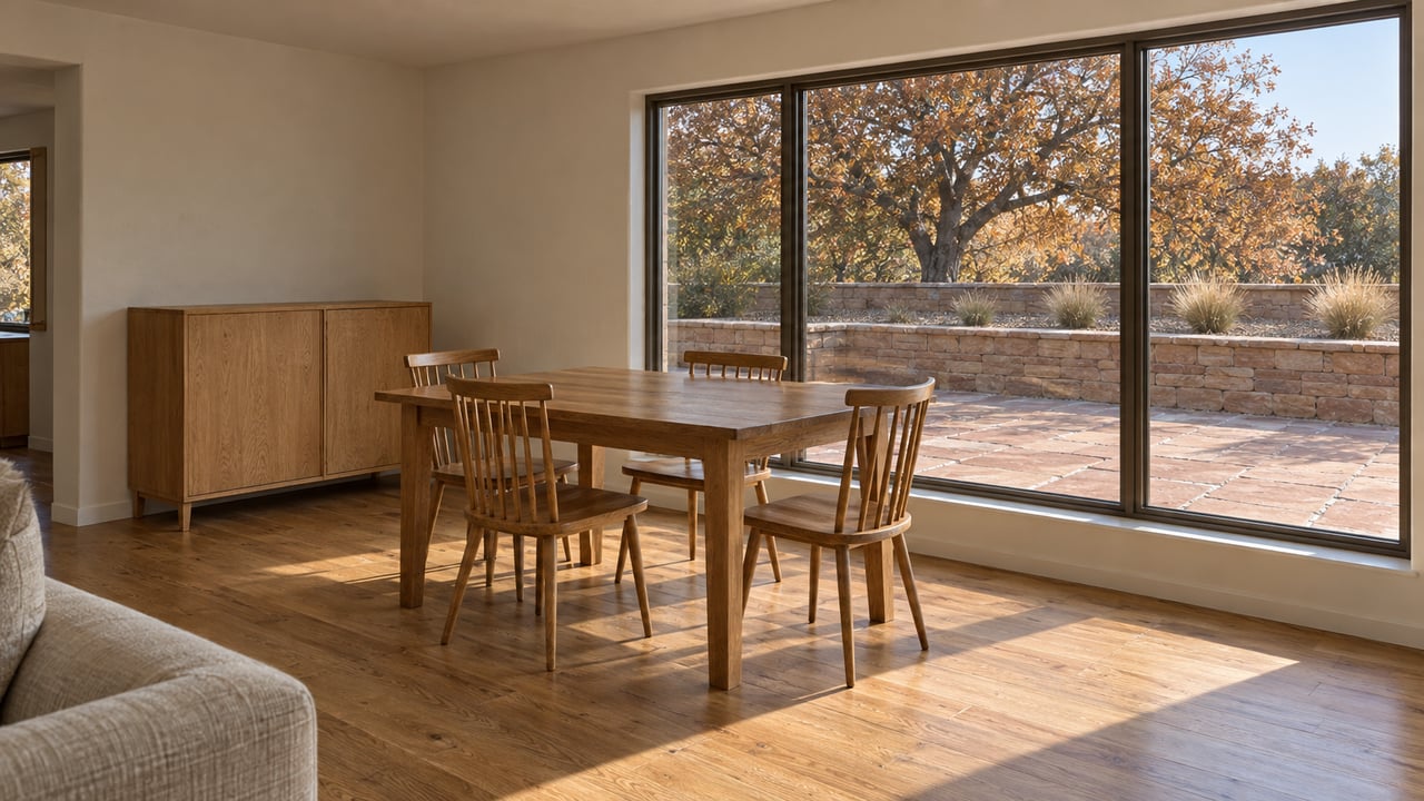 An oak dining table inside an updated ranch home, beside a broad window overlooking a sandstone terrace and an autumn oak.