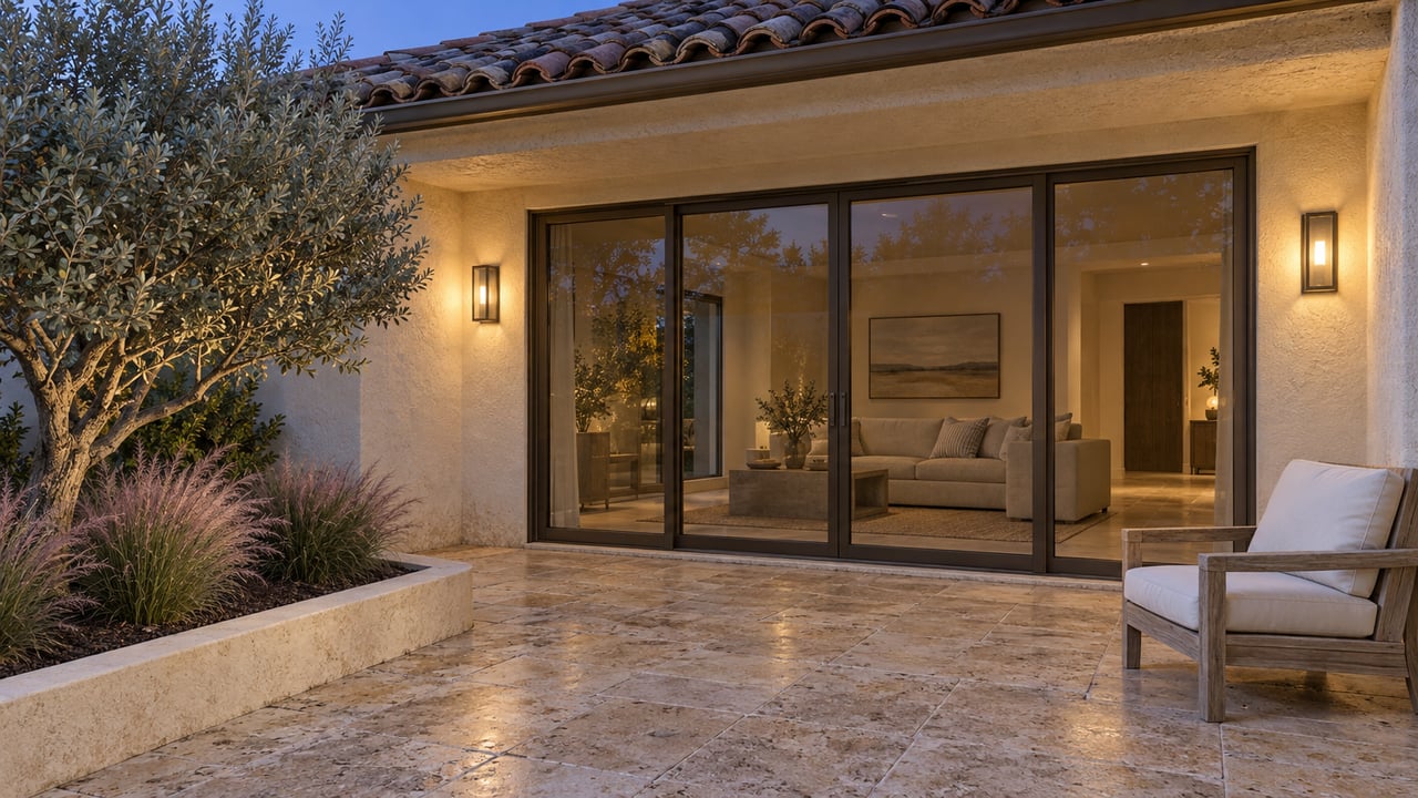A cream-stucco home's covered terrace at blue hour, with terracotta roof tiles, closed glass doors, warm wall lights and silver buttonwood planting.