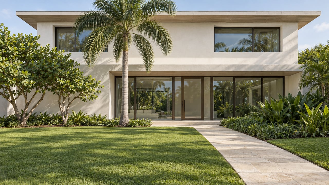 Contemporary white-stucco home with bronze-framed glazing, a limestone entrance approach and a mature palm across a deep lawn.