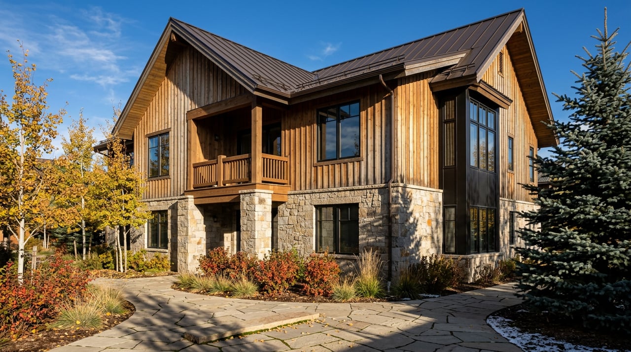 Stone-and-cedar condominium corner with timber balcony, golden aspens, blue spruce, and a flagstone courtyard.