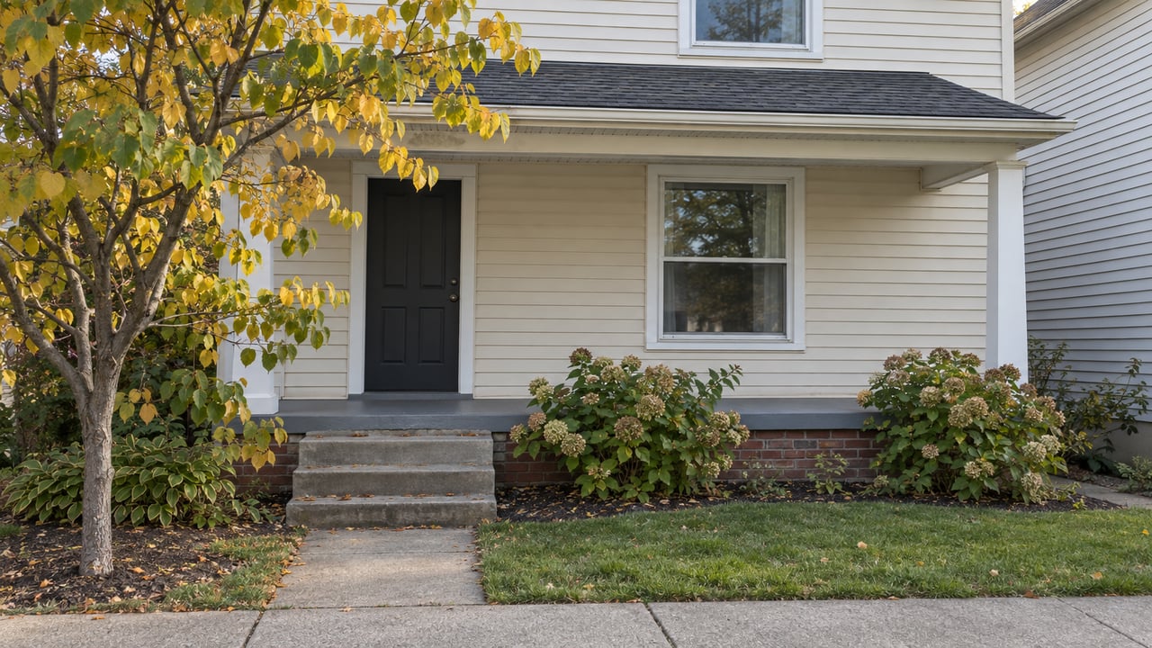 Compact cream-sided home with a dark entry, concrete steps, hydrangeas, and a yellowing redbud beside the walk.