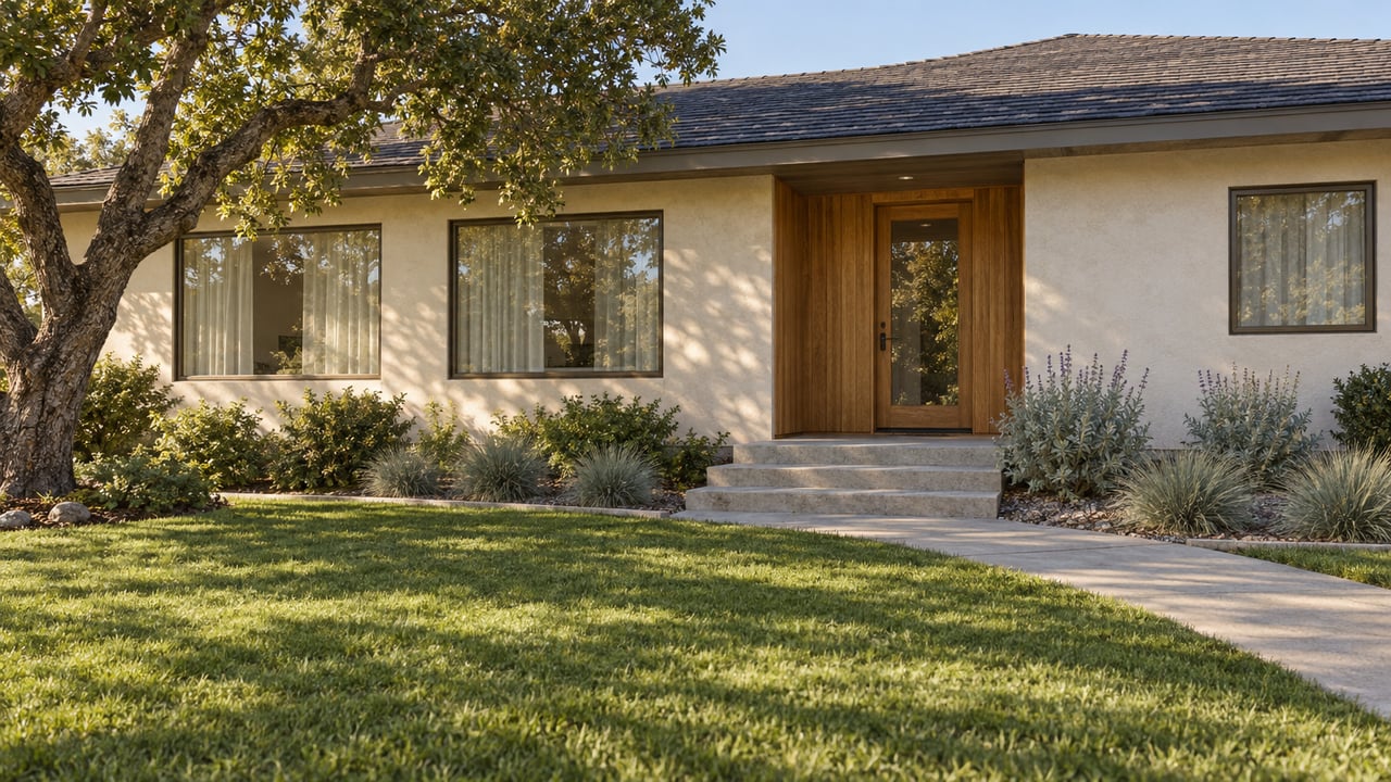Sunlit single-story stucco home with an oak entry, broad lawn, and a mature spreading oak tree.