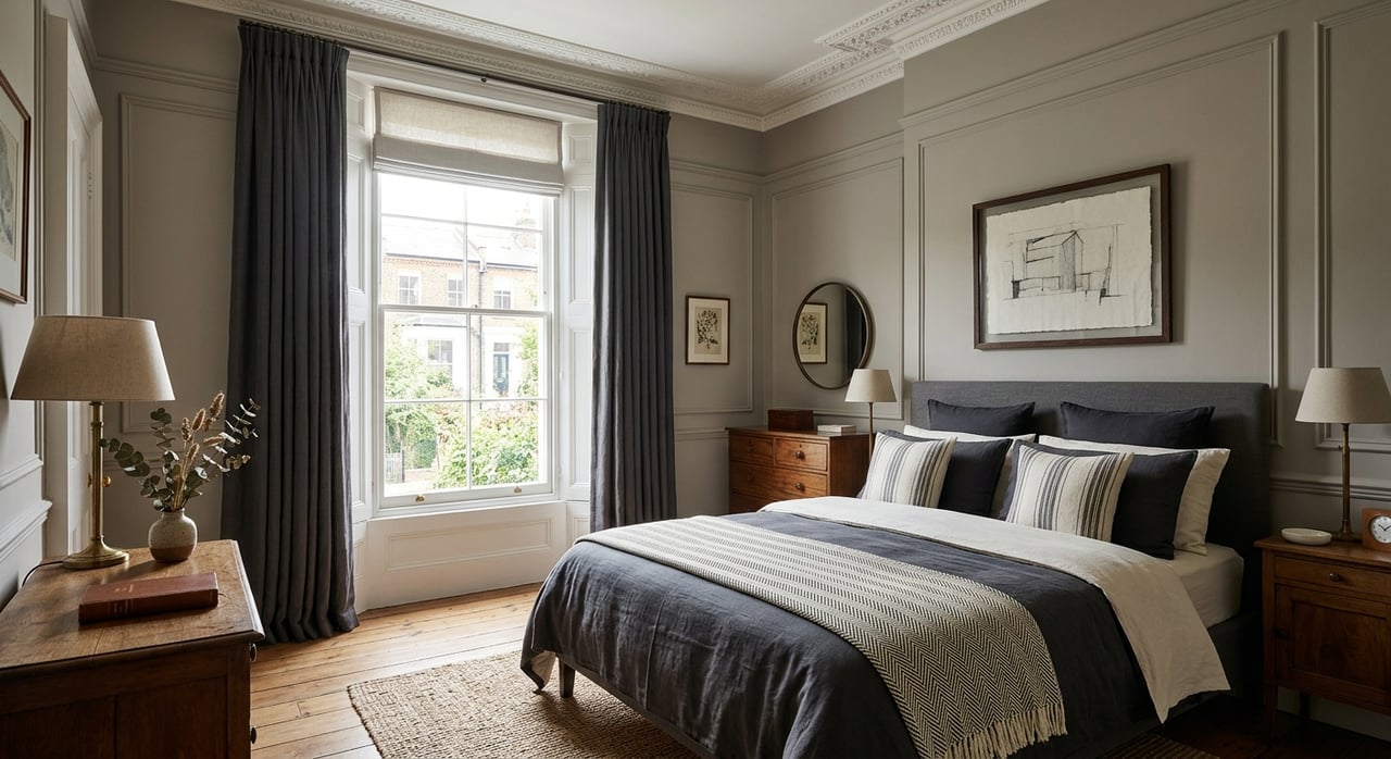 Bedroom with a rumpled ivory bed, plum accent pillow, and fiddle-leaf fig beside a tall sash window.
