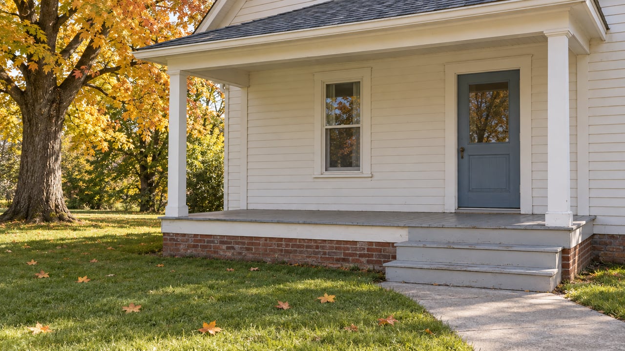An off-white gabled home with a covered wood porch, blue entry door, brick foundation and an autumn sugar maple beside a green front lawn.