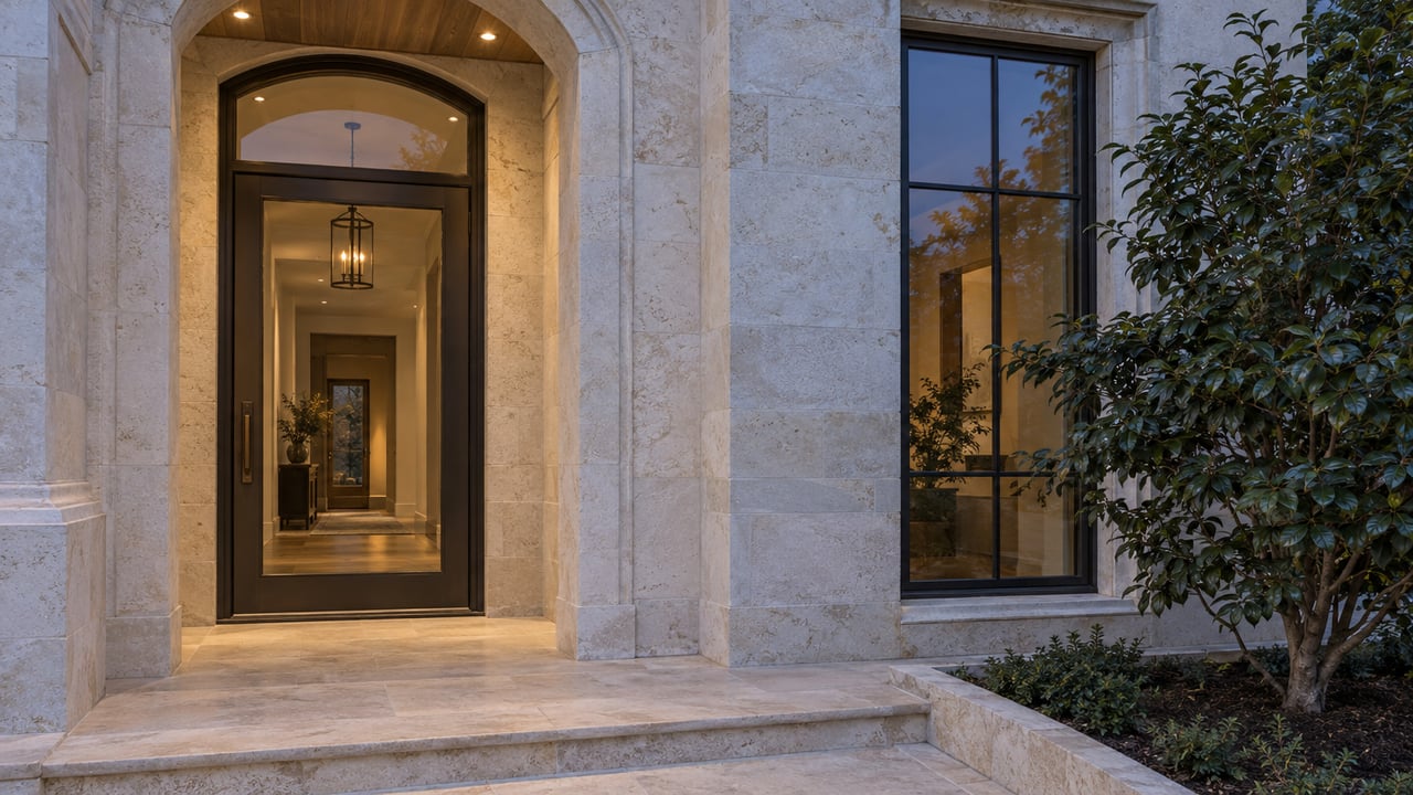 A limestone arched home entry with bronze-framed glazing, warm oak soffit and a camellia beside the stone landing at twilight.