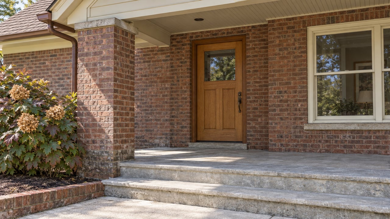 Covered residential entry with russet brick, a warm oak door, limestone steps and autumn oakleaf hydrangea.