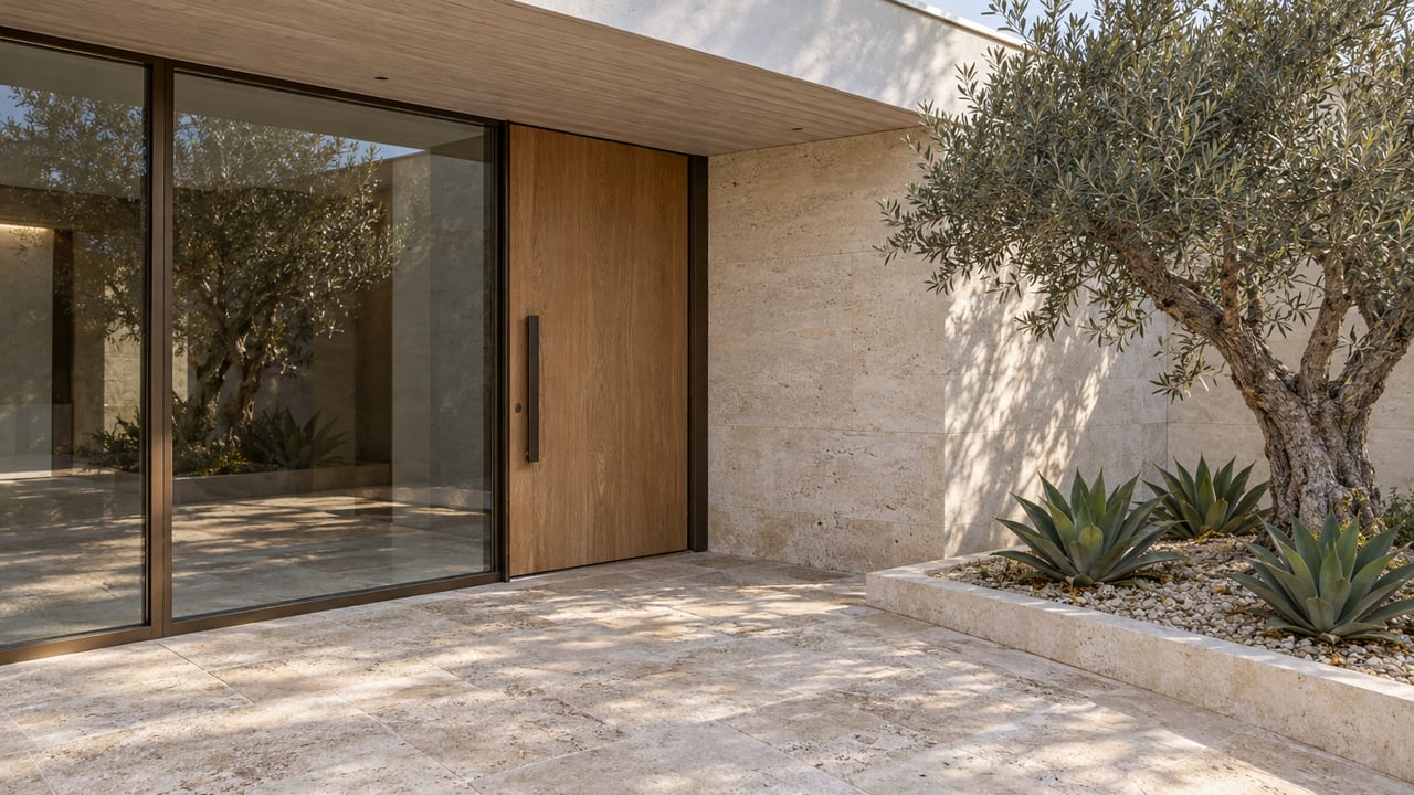 Pale limestone entry court with a recessed oak door, bronze-framed glazing, and a sculptural olive tree in a raised stone-edged bed.