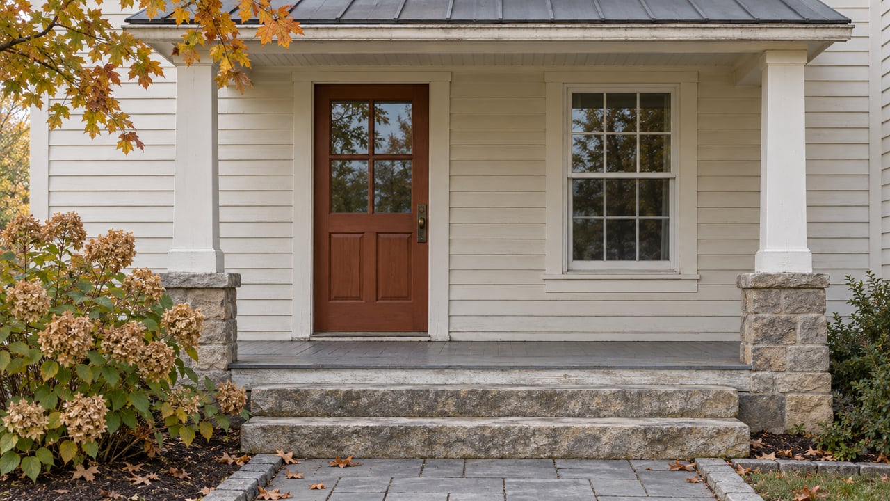 Weathered pale clapboard entry with a russet door, gray porch, stone steps and late-autumn maple leaves.