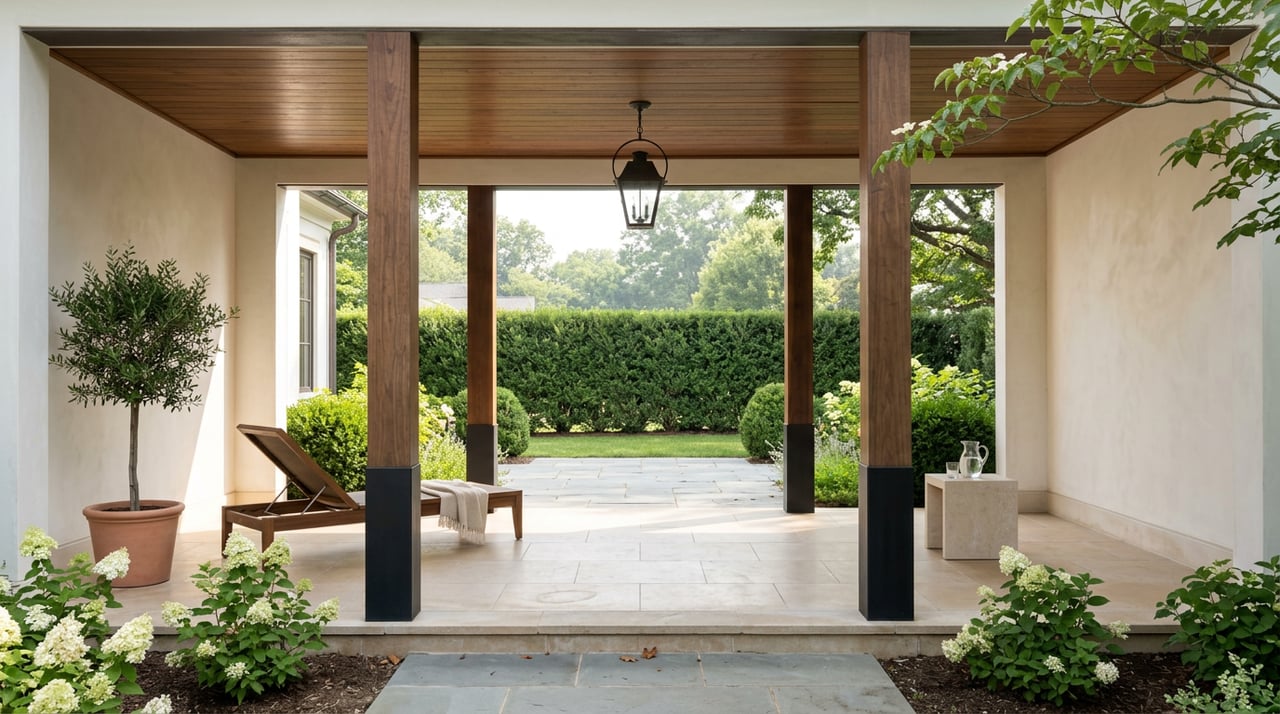 Covered walnut loggia opening onto a garden with blooming hydrangeas and a clipped hedge.