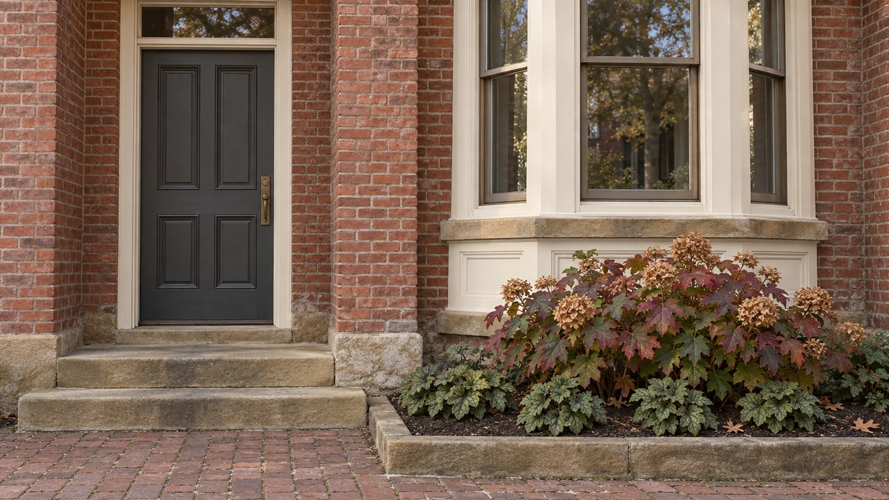 Red brick home entrance with a charcoal door, cream-painted window bay, worn sandstone steps and a compact autumn hydrangea garden.