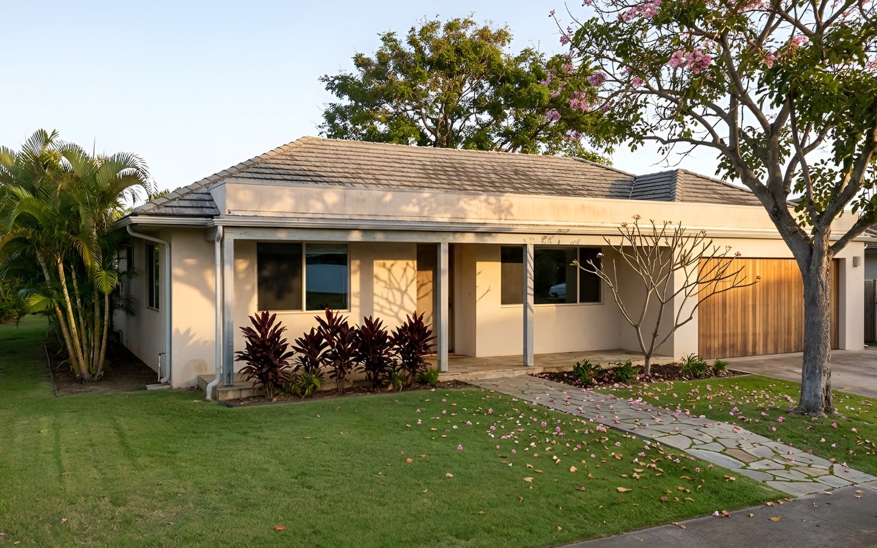 Single-story cream house with a wooden garage door, tropical landscaping, and a flowering tree.